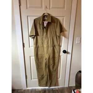 Madewell Denim Jumpsuit Utility Workwear Khaki Button Up SZ 16 Short Sleeve NWT